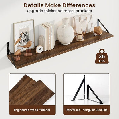 Axeman 48 Inch Floating Shelves | 10 Inch Deep Walnut Wall Shelves Set of 2 | 48" W x 10" D Walnut Floating Shelves for Living Room Bathroom Kitchen