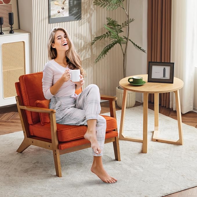 Karl home Mid-Century Lounge Accent Chair, Burnt Orange | Wide Curved Armrest, Linen Fabric, Lumbar Pillow Included, Solid Wood Frame, For Living Room, Bedroom, Balcony, Apartment
