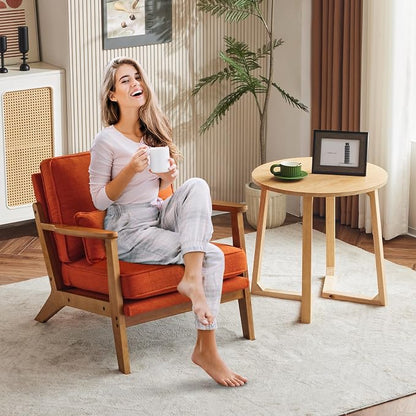 Karl home Mid-Century Lounge Accent Chair, Burnt Orange | Wide Curved Armrest, Linen Fabric, Lumbar Pillow Included, Solid Wood Frame, For Living Room, Bedroom, Balcony, Apartment