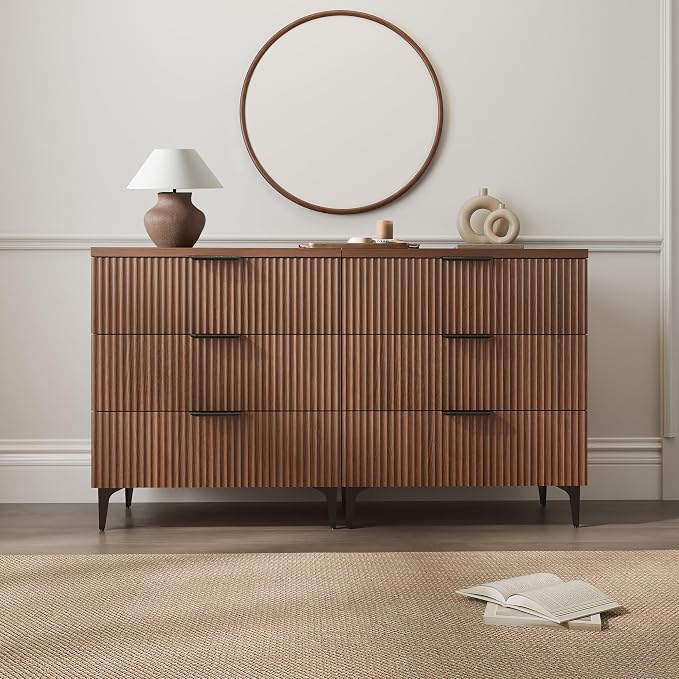 25.6"W Fluted Nightstand with 3 Drawer, Mid-century Modern Wood Night Stands Bedside Table for Bedroom King/Queen Bed, End Table with Robot-friendly Legs for Living Room,Entry (3 Drawers-1pcs-Walnut)