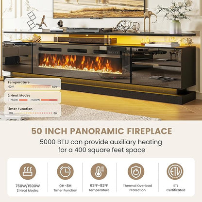90" Fireplace TV Stand, Modern Entertainment Center for TVs Up to 100”, TV Console with Storage Cabinets, Media Console for Living Room, WiFi Enable Black TV Stand and Black Fireplace