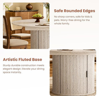 47''-63'' Extendable Round Dining Table for 4-6, Round Dining Room Table with Hidden Storage, Modern Wooden Kitchen Table with Fluted Sliding Door Cabinet for Dining Room Kitchen, White