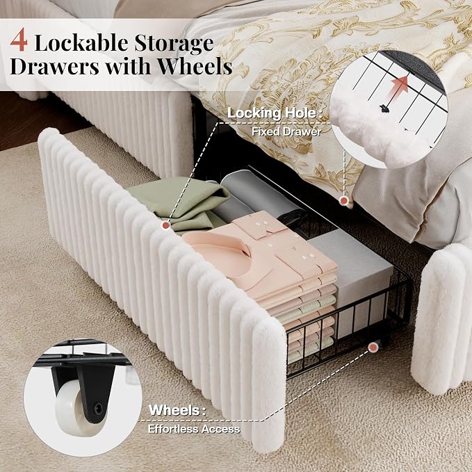 Jocisland Full Size Corduroy Upholstered Bed Frame with 4 Storage Drawers & 51.2" Tall Wingback Headboard, LED Platform Bed with Charging Station, Easy Assembly, No Box Spring Needed, White
