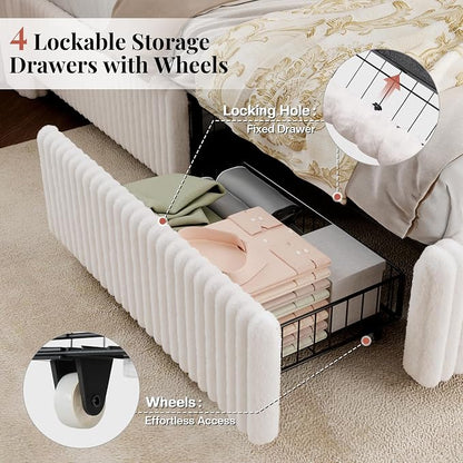 Jocisland Full Size Corduroy Upholstered Bed Frame with 4 Storage Drawers & 51.2" Tall Wingback Headboard, LED Platform Bed with Charging Station, Easy Assembly, No Box Spring Needed, White