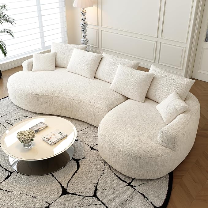 115-inch L-Shaped Luxurious Modern Contoured Curved-Back Sofa, a Seamless Boneless Design with Curved Silhouette, Ideal for Living Room use(Right Chaise,White)