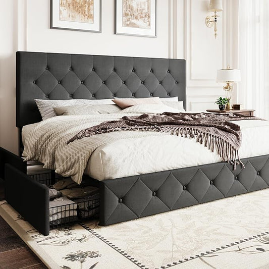 SHA CERLIN Upholstered King Size Platform Bed Frame with 4 Storage Drawers, Adjustable Headboard with Diamond Stitched Button Tufted Design, Wooden Slat Support, No Box Spring Needed, Dark Grey