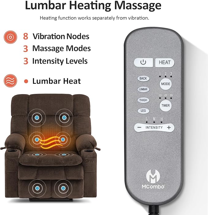 MCombo Extra Wide Dual Motor Power Lift Recliner Chair for Elderly, Zero Gravity Lift Chair with Heat and Massage, Infinite Position Recliners for Big Man, USB Ports, Fabric R7897 (Mocha, Medium-Wide)