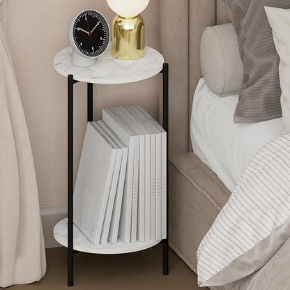 Furinno BESI Night Stand, 2-Tier Tall Round Nightstand with Metal Legs, Metal Frame Narrow End Table with Open Shelf, Side Table, Bedside Table, for Bedroom, Closet, Dorm, Marble White
