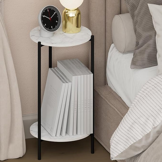 Furinno BESI Night Stand, 2-Tier Tall Round Nightstand with Metal Legs, Metal Frame Narrow End Table with Open Shelf, Side Table, Bedside Table, for Bedroom, Closet, Dorm, Marble White
