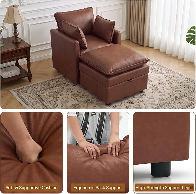 30" Brown Faux Leather Storage Sofa Chair, Single Accent Chair with Ottoman | Modern Upholstered Deep Seat Sofa Chair, Comfort for Reading, Lounging, and Small spaces, Armchair for Living Room, Bedroom