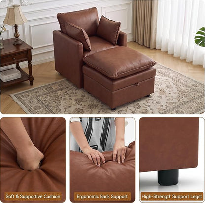 30" Brown Faux Leather Storage Sofa Chair, Single Accent Chair with Ottoman | Modern Upholstered Deep Seat Sofa Chair, Comfort for Reading, Lounging, and Small spaces, Armchair for Living Room, Bedroom