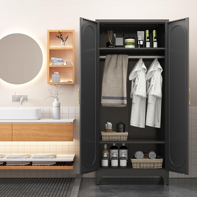 Armoire Wardrobe Closet, 71" Tall Metal Storage Cabinet with Hanging Rod and Adjustable Shelves, Clothes Wardrobe Cabinet, Black Armoires, Steel Closet for Bedroom, Bathroom, Office, School