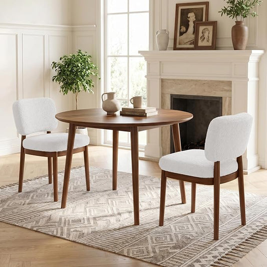 Wooden Dining Chairs Set of 2, Boucle Upholstered Kitchen Chairs with Solid Wood Legs, Mid Century Modern Dining Chairs, Farmhouse Side Chair with Hardwood Frame for Dining Room, White