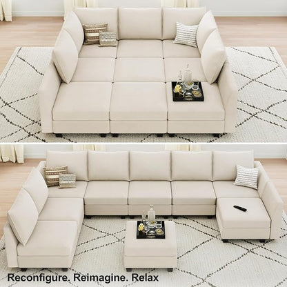 Belffin Large Modular Sectional Sofa Sleeper Couch with Storage Velvet Sectional Sofa Bed for Living Room, 9 Seats, Beige