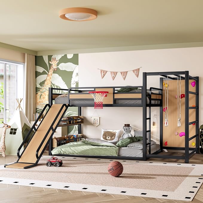 Bellemave Full Size Bunk Bed with Basketball Hoop, Pull-up Rings and Climbing Wall, Full Bunk Bed with Slide and Bookcase, Heavy Duty Bunk Beds with Guardrail, Natural