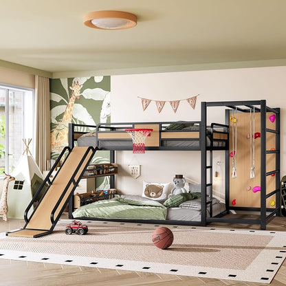 Bellemave Full Size Bunk Bed with Basketball Hoop, Pull-up Rings and Climbing Wall, Full Bunk Bed with Slide and Bookcase, Heavy Duty Bunk Beds with Guardrail, Natural