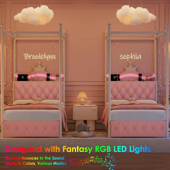 Keyluv Twin Size Upholstered LED Canopy Bed Frame with Charging Station and Drawer, Button Tufted Crown Headboard with Storage Shelf, Two-Purpose Removable Four Poster Design Platform Bed, Pink