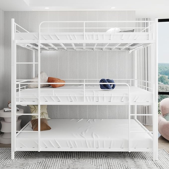 Triple Bunk Bed, Heavy Duty Twin Over Twin Over Twin Metal Bunkbeds with Guardrails, Ladder, 3 Bunk Beds, Bedroom, No Box Spring Needed, Easy Assembly,White