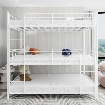 Triple Bunk Bed, Heavy Duty Twin Over Twin Over Twin Metal Bunkbeds with Guardrails, Ladder, 3 Bunk Beds, Bedroom, No Box Spring Needed, Easy Assembly,White
