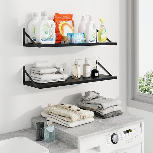Axeman 30 Inch Floating Shelves | 10 Inch Deep Black Wall Shelves Set of 2 | 30" W x 10" D Black Wood Floating Shelves for Living Room Bathroom Kitchen