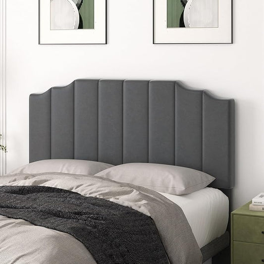 Befurtori Queen Size Headboard Only, Velvet Wall Mounted Headboard Queen/Full Size for Adjustable Bed, Modern Vertical Channel Design with Curved Tufted Upholstered Head Board,Dark Gray