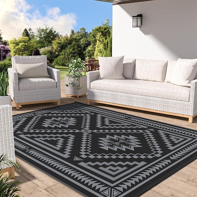 GENIMO Outdoor Rug for Patio Clearance - 5x8 ft Waterproof Plastic Camping Rugs, Reversible Outside Rv Mat Carpet for Porch, Deck, Picnic, Balcony, Beach, Backyard, Black Grey
