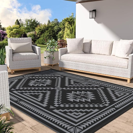 GENIMO Outdoor Rug for Patio Clearance - 5x8 ft Waterproof Plastic Camping Rugs, Reversible Outside Rv Mat Carpet for Porch, Deck, Picnic, Balcony, Beach, Backyard, Black Grey