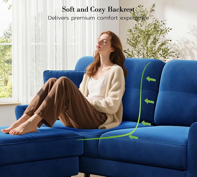 Kidirect Small Sectional Couch, 69" L Shaped Couch, Sectional Sofa, Blue | Comfy Velvet Couch, Tool-Free Setup, 750lb Max Load, Movable Ottoman, Ideal for Living Room, Bedroom, Apartment, Office