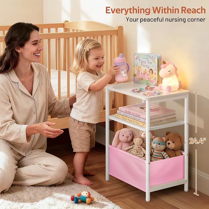 MISSLO Toddler Nightstand with Storage Basket Kids Nightstand with Large Tabletop Nursery Side Table for Living Room Easy Assembly Small End Tables for Small Spaces Toddler Bedroom Decor