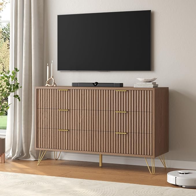 Fluted 6 Drawers Dresser for Bedroom, Wood Dressers with Scratch-Proof Golden Handles, Natural Curved Profile, Modern Double Chest for Living Room, Hallway, Entryway, Natural Oak
