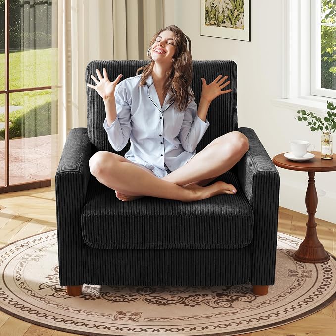 Kidirect 35.5in Corduroy Couch Accent Chair, Tool-Free Setup Living Room Sofa Accent Chairs, Reading Chair for Bedroom 22.5in Extra Deep Seats, Comfy Arm Chairs for Office, All-Wood Reading Nook Black