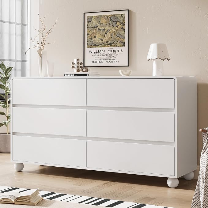 MAISONARIA Mid-Century 3-Piece Dresser Bedroom Set, 6 Drawer Dresser & 2 Drawer Nightstands with Curved Profile Design & Handle Free, Wood Chest of Drawers for Bedroom, Living Room, Hallway, White