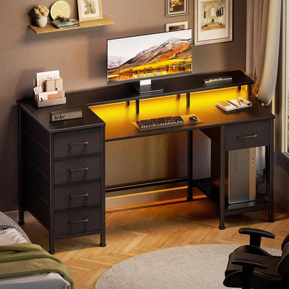 Korfile 47 Inch Computer Gaming Desk with Power Outlets & LED Lights Reversible Home Office Desk with Adjustable 5 Fabric Storage Drawers for Working Writing Study, Carbon Fiber Black