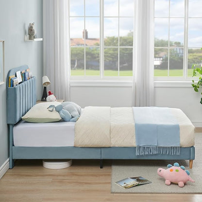 IDEALHOUSE Twin Bed Frames, Velvet Upholstered Platform Bed Frames with Bookcase Headboard, Kids Bed for Boys, Heavy Duty Steel Support Legs, Easy Assembly, Noise Free, Light Blue
