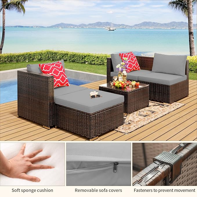 Qsun Outdoor Patio Sofa Set PE Wicker Rattan Sectional Conversation Sofa with a Glass Coffee Table for Backyard Porch Poolside Patio(Brown Rattan, Grey Cushion)