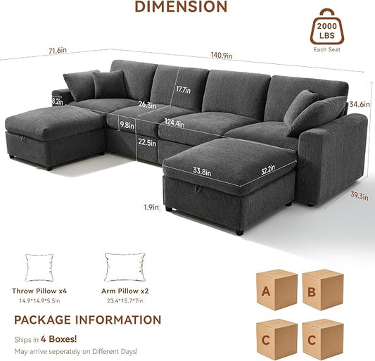 Ihanherry 141" Oversized Cloud Sectional Couches for Living Room, Modular Sectional Sofa with Wide Deep Seat, U Shaped Couch with Throw Pillow and Storage Ottoman, Dark Grey