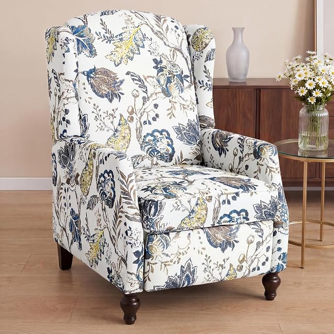 Upholstered Wingback Recliner Chair, Mid Century Modern Manual Push Back Recliner for Living Room, Bedroom (1, Blue & White Floral)