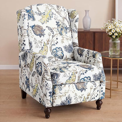 Upholstered Wingback Recliner Chair, Mid Century Modern Manual Push Back Recliner for Living Room, Bedroom (2, Blue & White Floral)