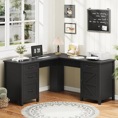 Halitaa 59” L Shaped Executive Desk with Power Outlets, Farmhouse Home Office Desk with File Drawer,Storage Cabinet, Wood Corner Sturdy Writing Workstation.Black