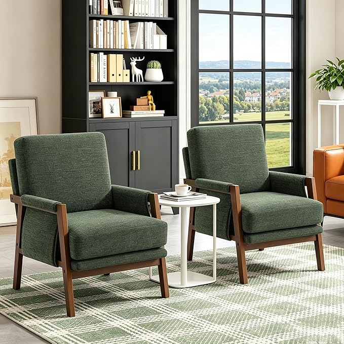 RNKSFX Green Accent Chairs for Living Room Set of 2, Modern Arm Chairs for Bedroom, Wooden Upholstered Mid Century Accent Chairs, Fabric