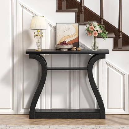 Wooden Console Table with Curved Legs and Shelf, 3-Tier Modern Accent Narrow Sofa Table for Entrance Area, Living Room, Hallway, 47 in Wide Wood Console Table for Entryway (Black)