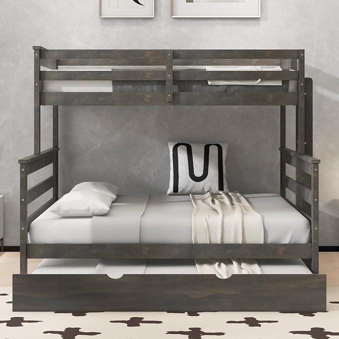 Wood Bunk Bed Twin XL Over Queen Size with Trundle, Detachable Design Bunk Bed Frame with Safety Guardrail, Ladder and Sturdy Slats Support (Grey+Trundle)