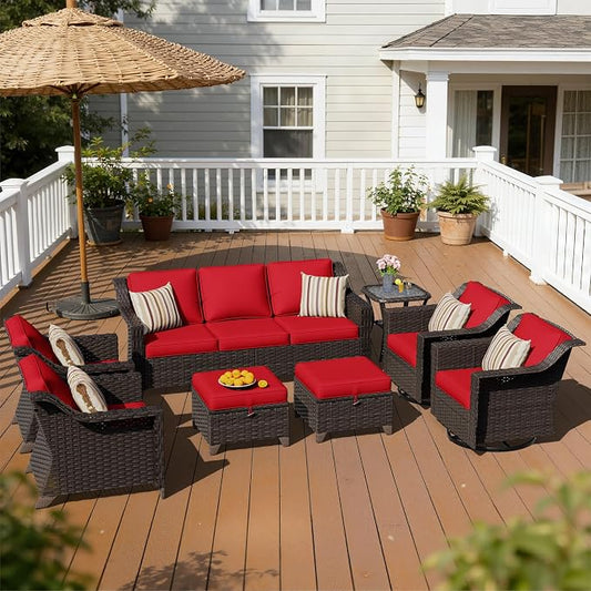 8 Pieces Patio Conversation Furniture Set - 1 Sofa, 2 Ottomans, 2 Armchairs, 2 Swivel Chairs, 1 Side Table, Outdoor Wicker Furniture with Removable Cushions for Porch, Sunroom (Red)
