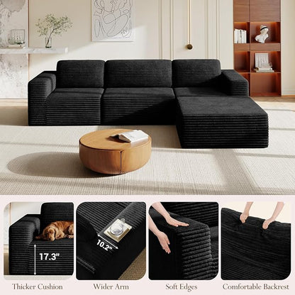 Vesgantti 119" L-Shaped Modular Sectional Sofa, Corduroy Cloud Couch with Deep Seating & Spring Support, Flexible Layout Sofa with Ottoman, Boneless Style, No Assembly Required, Black