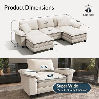 HERA'S HOUSE 124" Oversized Modular Sectional Sofa, Comfy U Shaped Couches for Living Room, Cloud Couch with Ottoman, 5-Seater Deep Seat Sofa with Throw Pillow, Chenille Beige