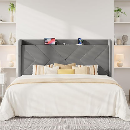 Allewie King Size Platform Bed Frame with USB Charging Station and Storage Shelf/Upholstered Velvet Wingback Headboard/Wooden Slats Support/No Box Spring Needed/Easy Assembly, Grey