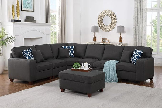 Ball & Cast 116" L-Shaped Sectional Couch with Movable Ottoman and 6 Throw Pillows,7 Seat Chenille Upholstered Sectional Sofa W/Wide Armrest,DIY Combination,Comfy Sectionals Set for Living Room,Gray