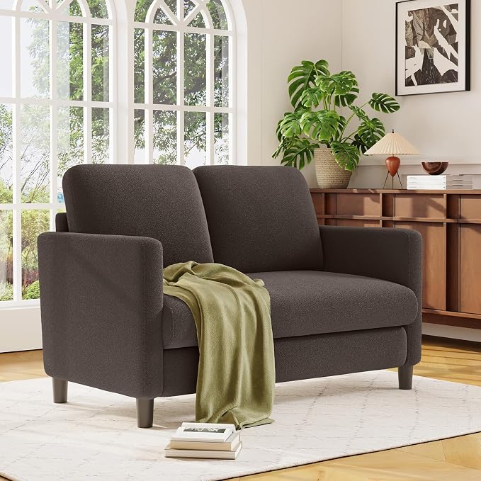 Welzona Loveseat, 51" Small Couch, Comfy Teddy Love Seat for Living Room, Tool-Free Setup Loveseat Sofa for Small Spaces, All-Wood Small Sofa Couch for Bedroom, Brown