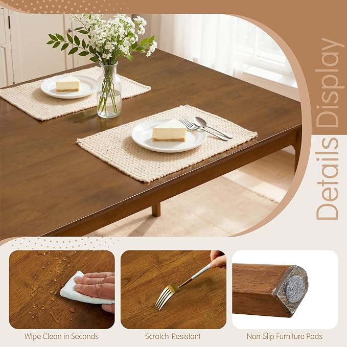 Hokway Small Dining Table for 4-6 People, 43 Inch Rectangular Solid Wood Kitchen Table for Small Space, Easy Assembly, Dining Room Table for Home, Apartment, Office, Walnut