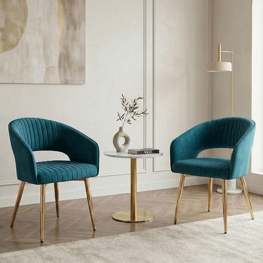Hyfirm Teal Velvet Dining Chairs Set of 2, Modern Gold Dining Room Chairs with Hollow Back, Upholstered Accent Kitchen Chairs for Living Room/Reception/Restaurant